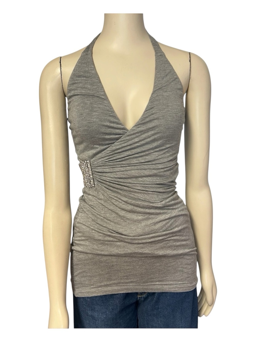 Sky Y2K Rhinestone Halter Top Gray Womens XS Bling